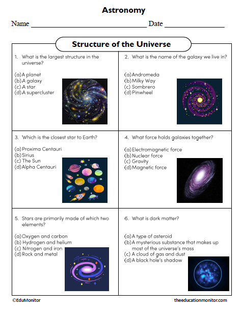 Structure of the Universe Seventh Grade Science Worksheet