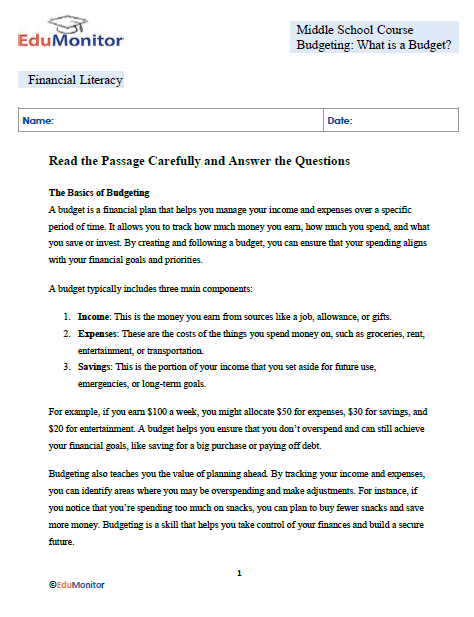 Whats a budget-Edumonitor What is a Budget? – Financial Literacy Booklet
