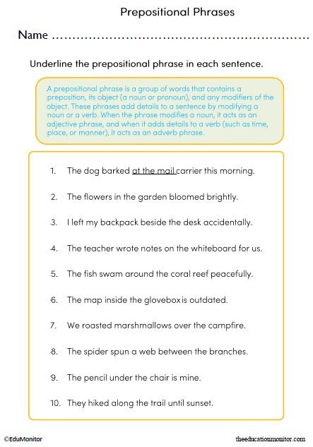 Identifying Prepositional Phrases Worksheet_EduMonitor-1 Spot the Prepositional Phrase Worksheet