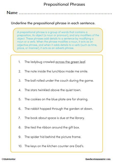 Identifying Prepositional Phrases Worksheet_EduMonitor-4 Prepositional Phrases Printable Worksheet for 6th Grade