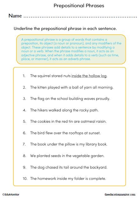 Identifying Prepositional Phrases Worksheet_EduMonitor-5 Identifying Prepositional Phrases Worksheet with Answers