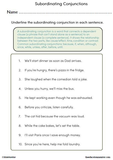 Subordinating Conjunctions Worksheet for Fourth Grade