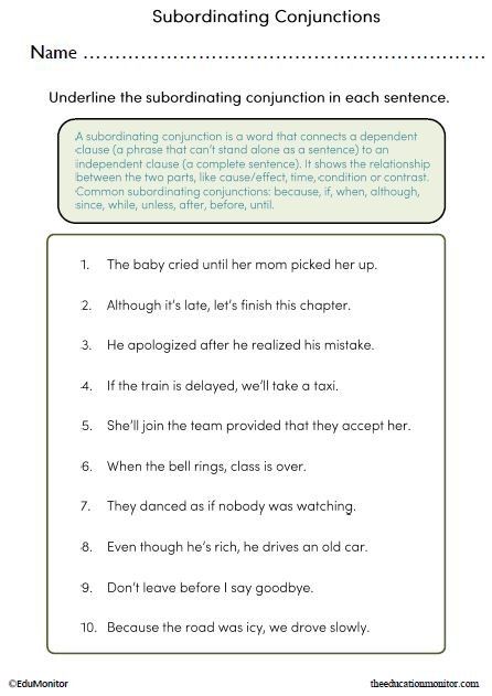 Identifying Subordinating Conjunctions Worksheet