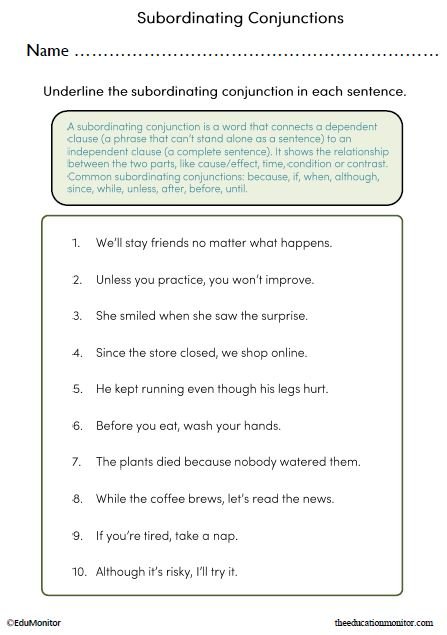 Identifying Subordinating Conjunctions in Sentences Worksheet_EduMonitor-3 Spot the Subordinating Conjunctions in Sentences Worksheet