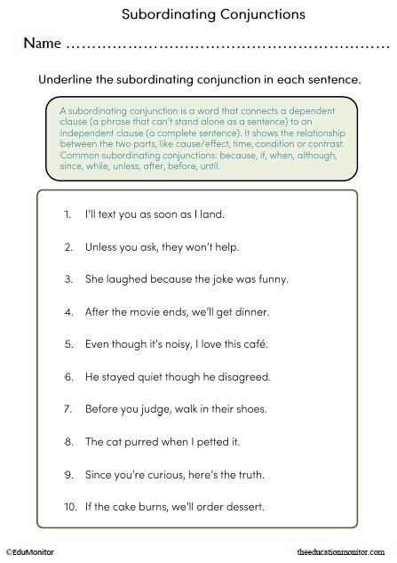 Spotting Subordinating Conjunctions Printable for Grade 4