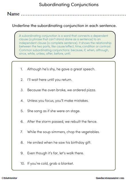Identifying Subordinating Conjunctions in Sentences Worksheet_EduMonitor-5 Subordinating Conjunctions Printable Worksheet with Answers