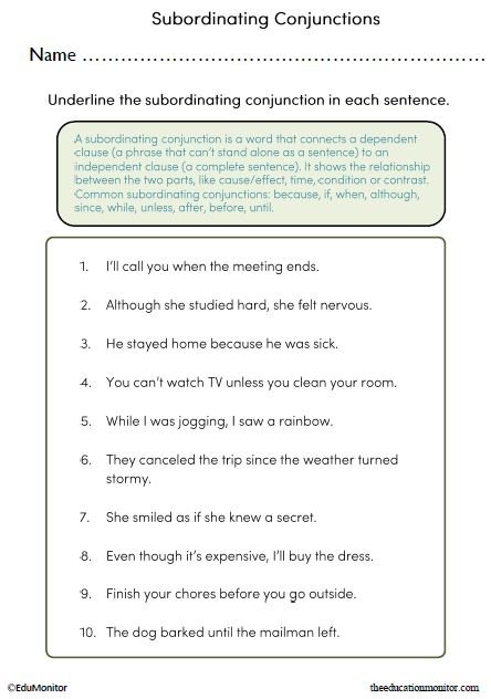 Subordinating Conjunctions in the Sentences Worksheet