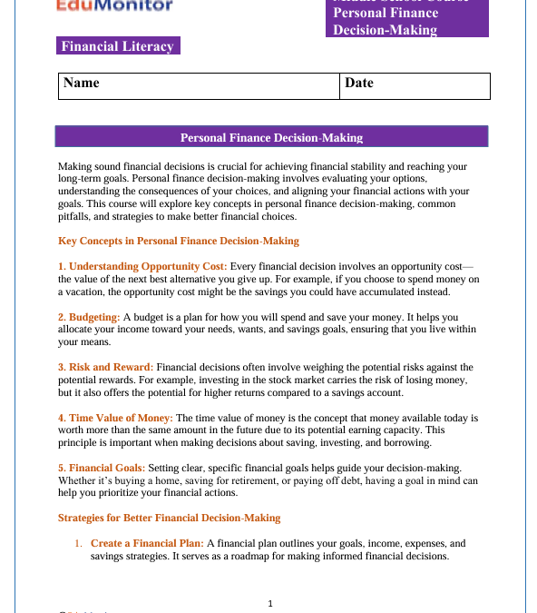 Personal Finance Decision Making Packet for Middle School