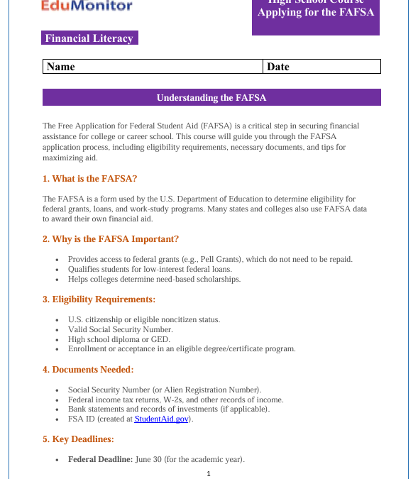 Applying for the FAFSA High School Financial Literacy Packet