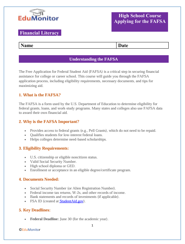 Applying for the FAFSA – Edumonitor Applying for the FAFSA High School Financial Literacy Packet