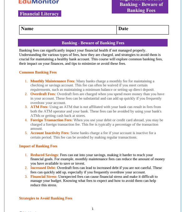Banking Fees High School Financial Literacy Packet