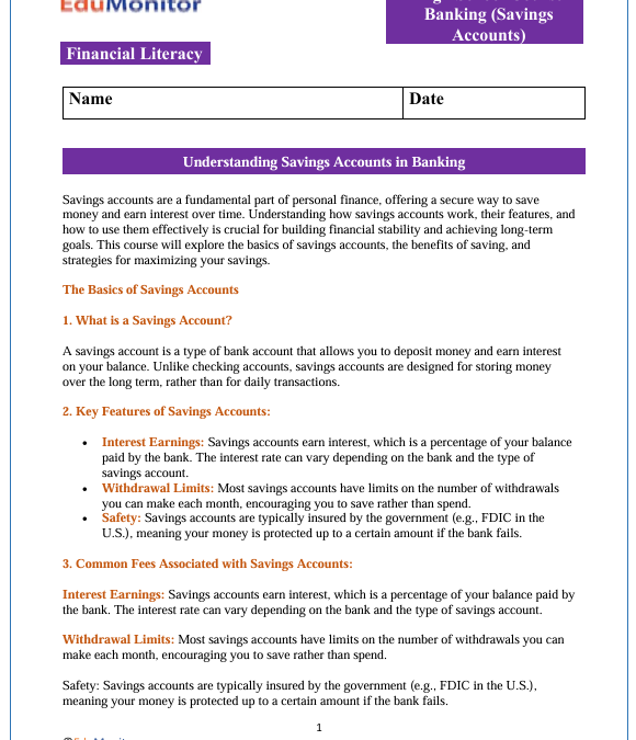 Savings Accounts High School Financial Literacy Packet