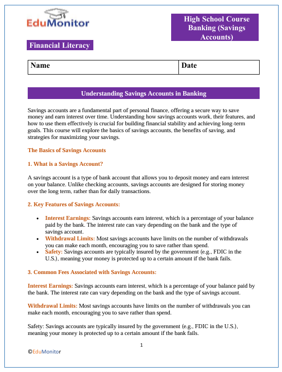 Savings Accounts High School Financial Literacy Packet