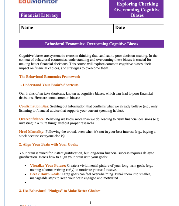 Overcoming Cognitive Biases High School Financial Literacy Packet