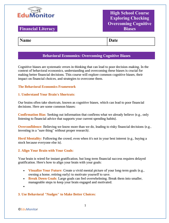 Overcoming Cognitive Biases High School Financial Literacy Packet