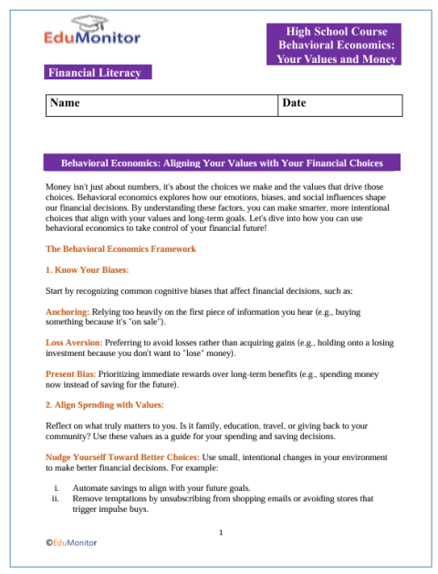 Your Values and Money High School Financial Literacy Packet ...