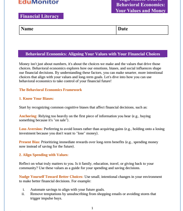 Your Values and Money High School Financial Literacy Packet