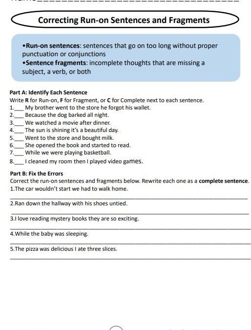 Correcting Run-on Sentences and Fragments Grade 5
