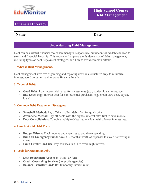 Debt Management High School Financial Literacy Bundle