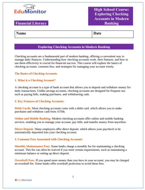 Checking Accounts in Modern Banking High School Financial Literacy ...