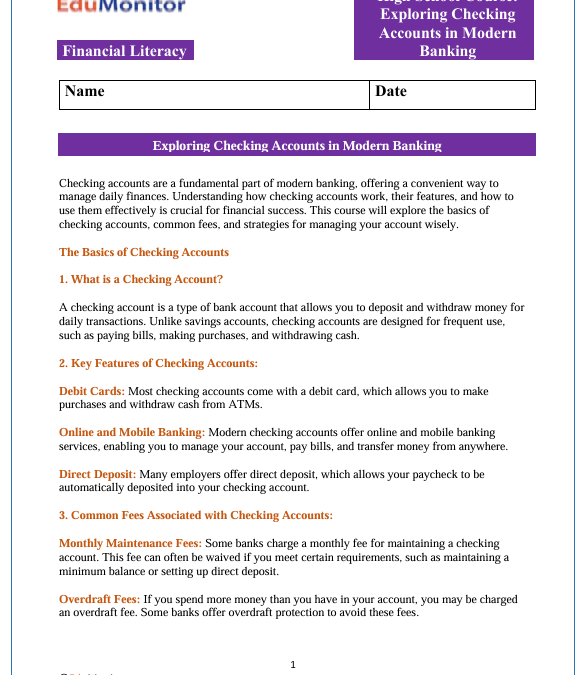 Checking Accounts in Modern Banking High School Financial Literacy Packet