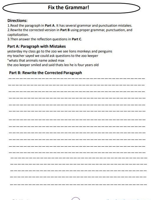 Grammar and Punctuation Worksheet Grade 5 ELA