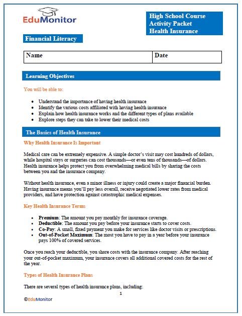 Health Insurance Financial Literacy High School Activity Packet