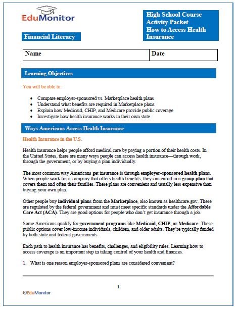How to Access Health Insurance Financial Literacy Activity Packet