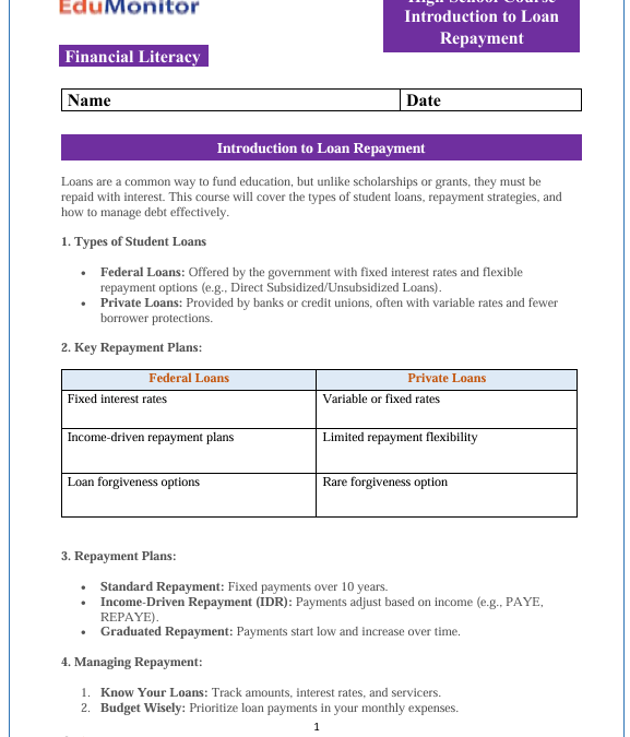Loan Repayment High School Financial Literacy Packet