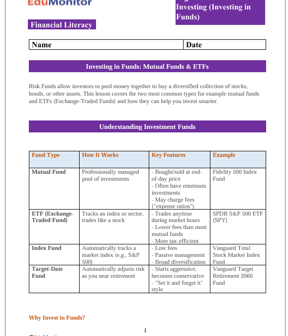 Investing in Funds High School Financial Literacy Packet