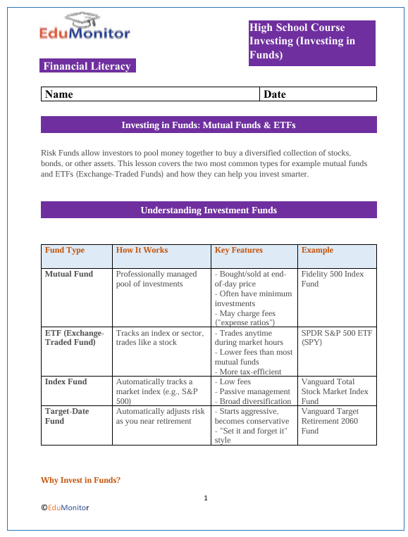 Investing in Funds High School Financial Literacy Packet