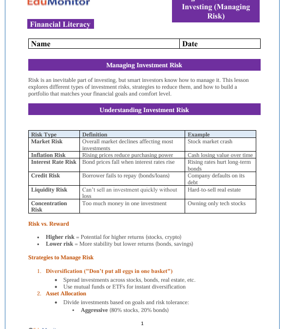 Managing Risk High School Financial Literacy Packet