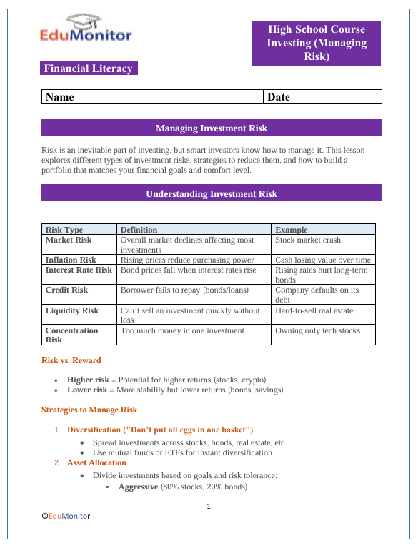 Managing Risk High School Financial Literacy Packet
