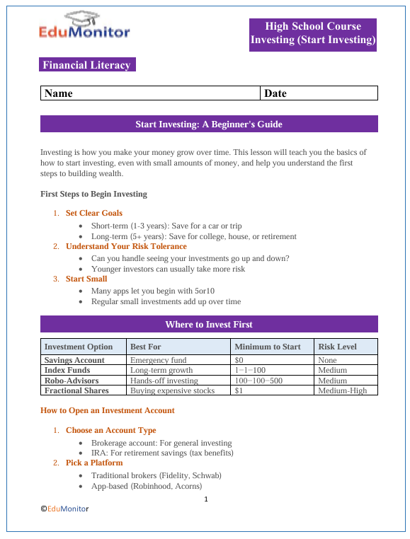 Start Investing High School Financial Literacy Packet