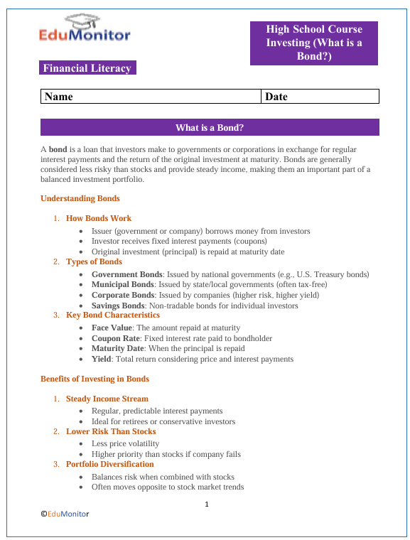 What is a Bond High School Financial Literacy Packet