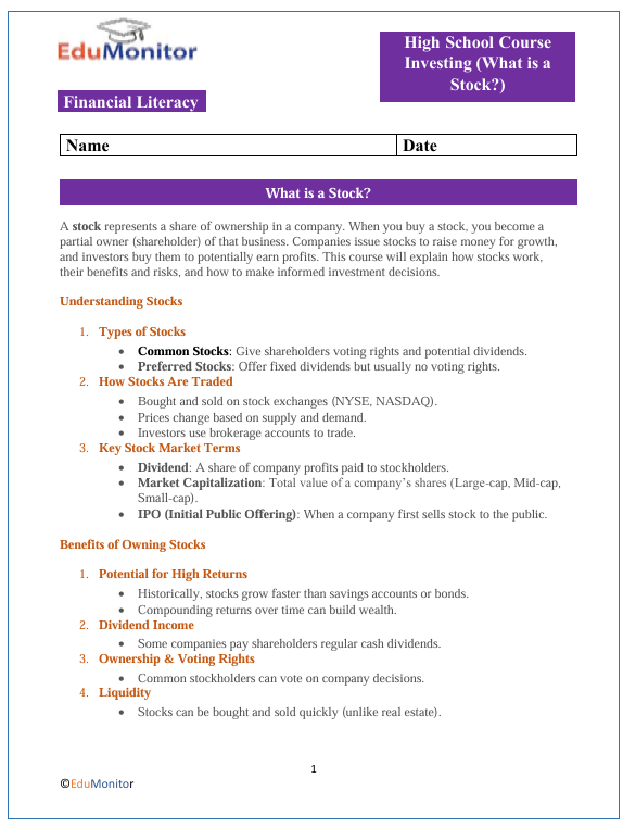 What is a Stock High School Financial Literacy Packet