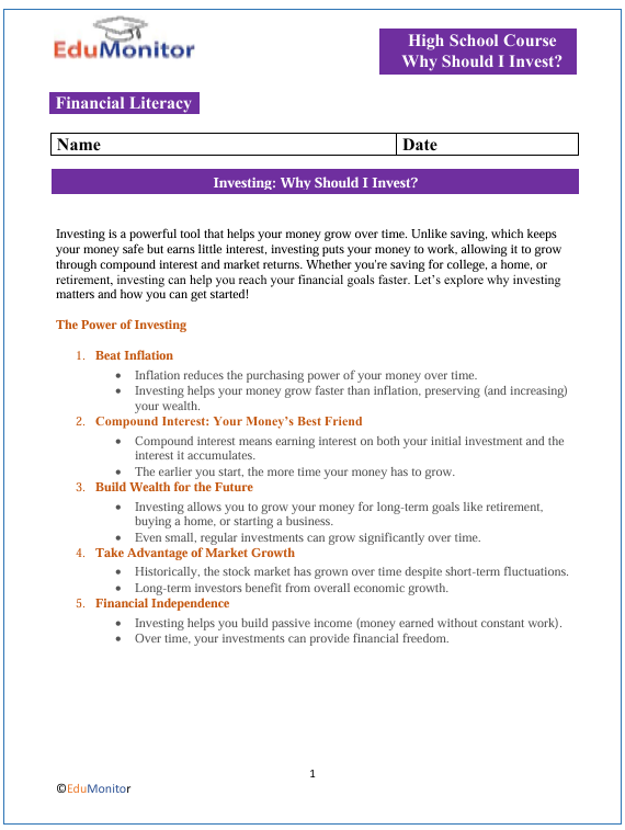 Investing Why Should I Invest-Edumonitor Why Should I Invest High School Financial Literacy Packet