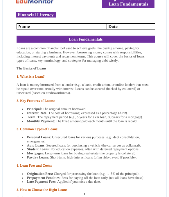Loan Fundamentals High School Financial Literacy Packet