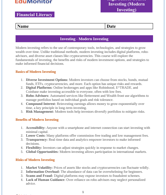 Modern Investing High School Financial Literacy Packet