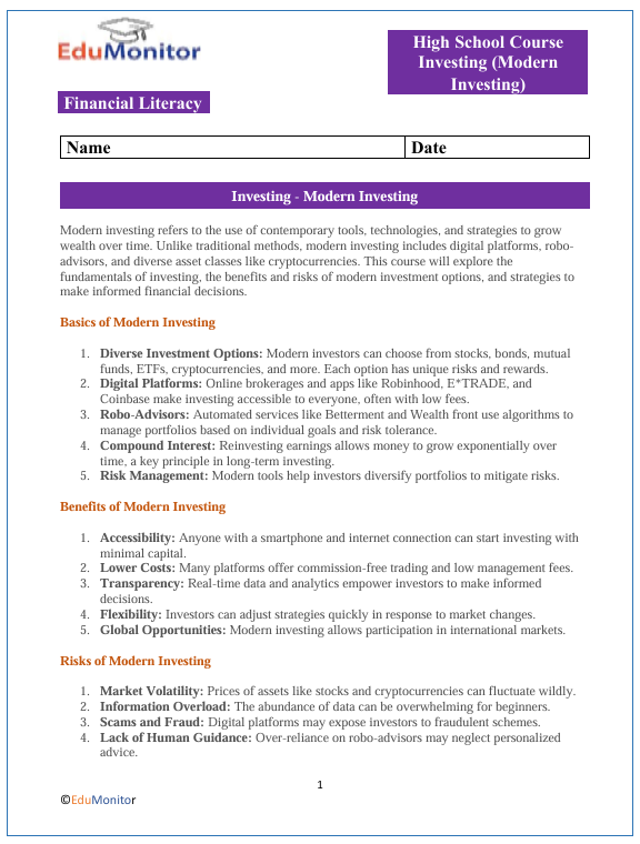Modern Investing High School Financial Literacy Packet