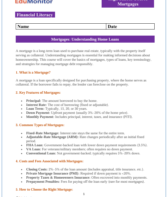 Mortgages High School Financial Literacy Packet
