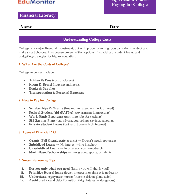 Paying for College High School Financial Literacy Packet