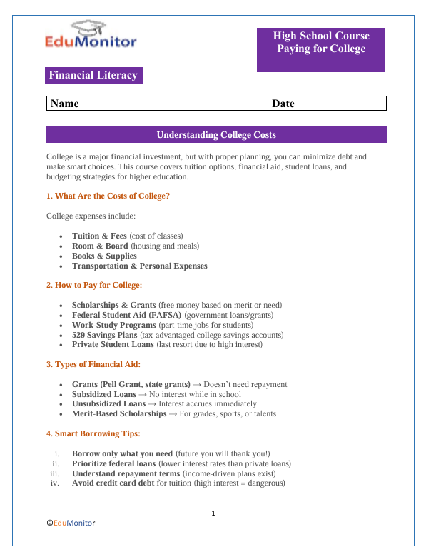 Paying for College High School Financial Literacy Packet