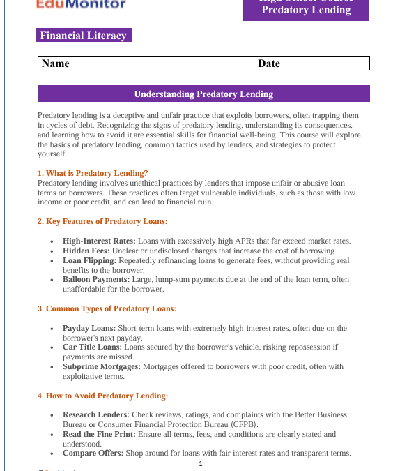 Predatory Lending High School Financial Literacy Packet