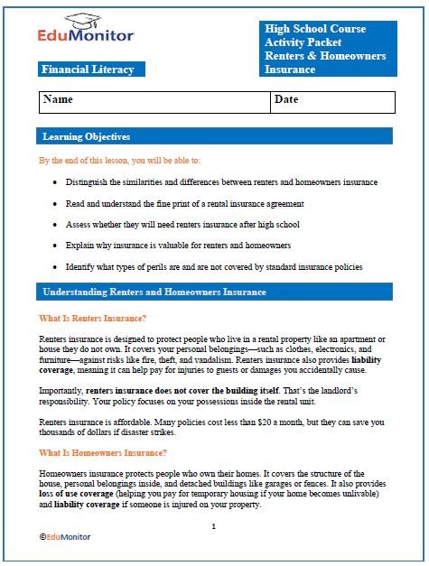 Renters & Homeowners Insurance Financial Literacy Activity Packet