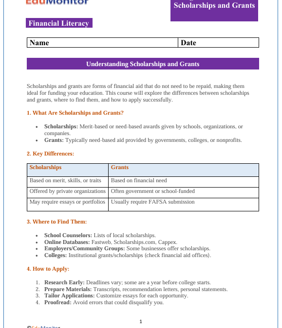 Scholarships and Grants High School Financial Literacy Packet