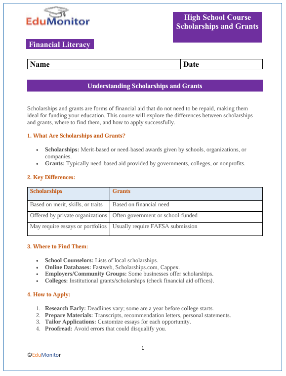 Scholarships and Grants – Edumonitor Scholarships and Grants High School Financial Literacy Packet