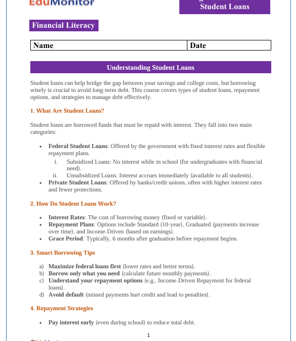 Student Loans High School Financial Literacy Packet