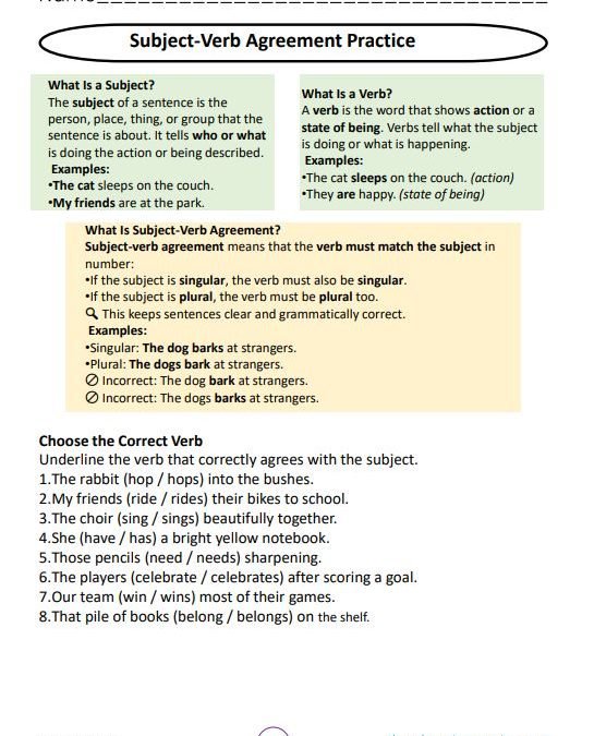 Making Subjects and Verbs Agree Grade 5 Sentence Practice