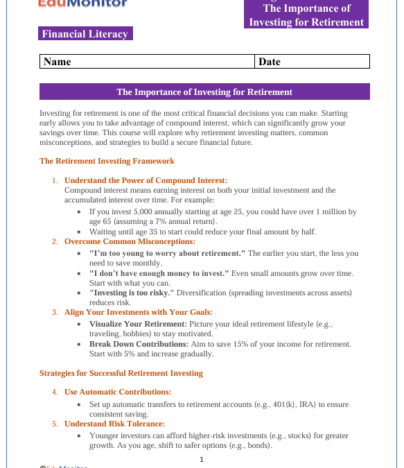 Investing for Retirement High School Financial Literacy Packet